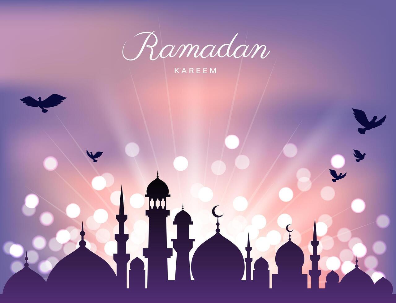 Mosque silhouette and abstract light on purple background for ramadan of Islam vector