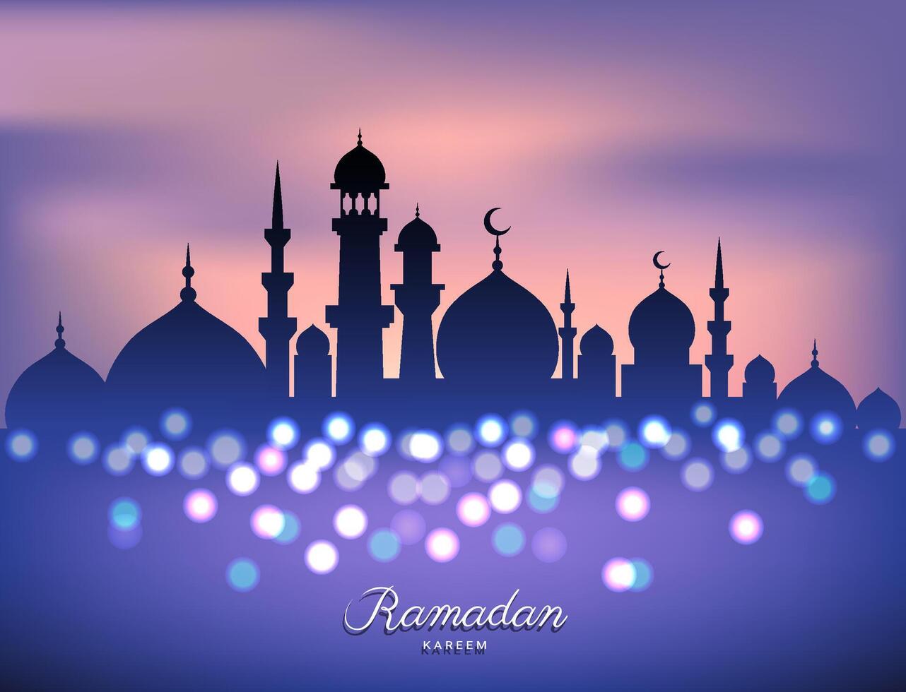 Mosque silhouette in sunset sky and candles light for ramadan of Islam vector