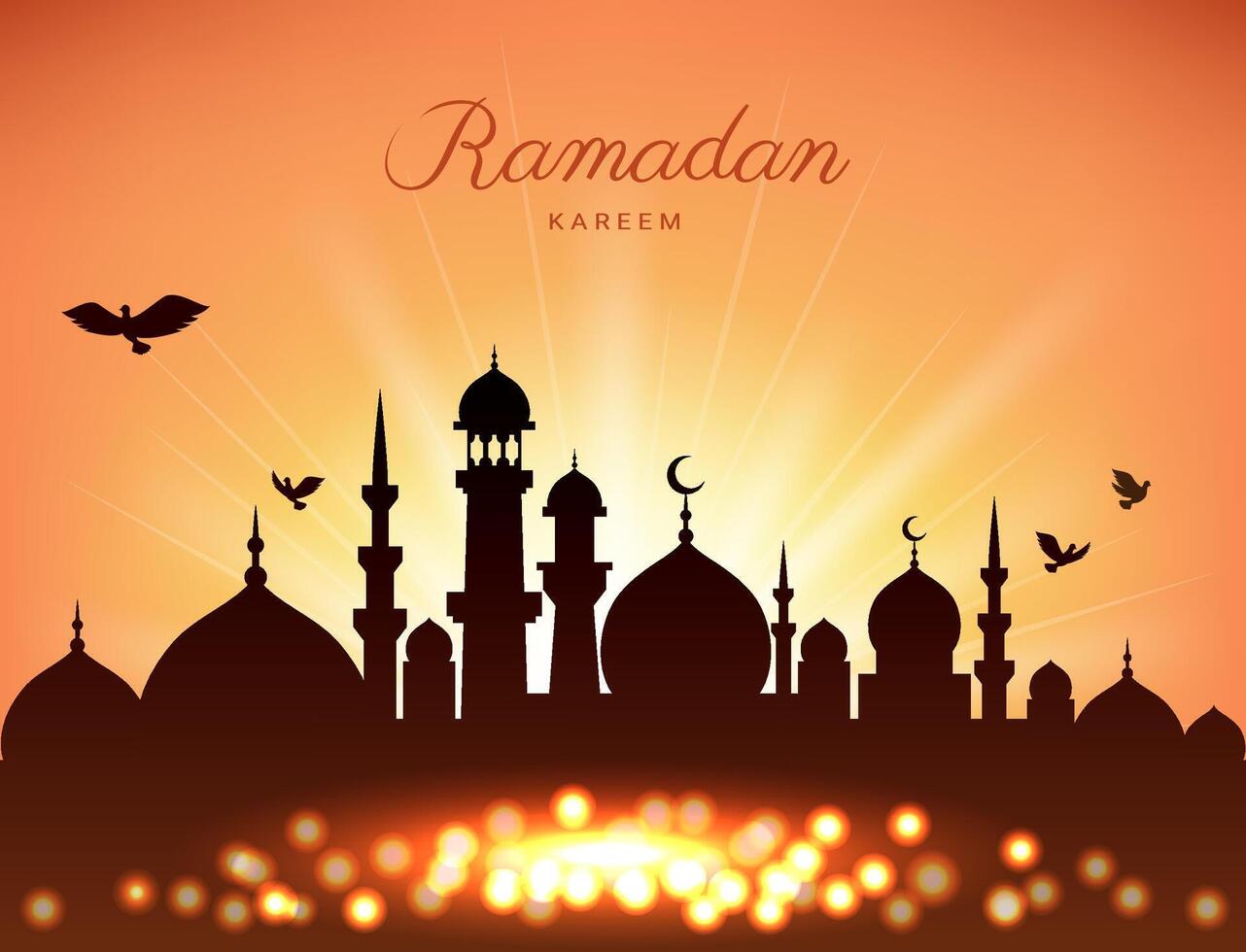 Mosque silhouette in sunset sky and light for ramadan of Islam vector