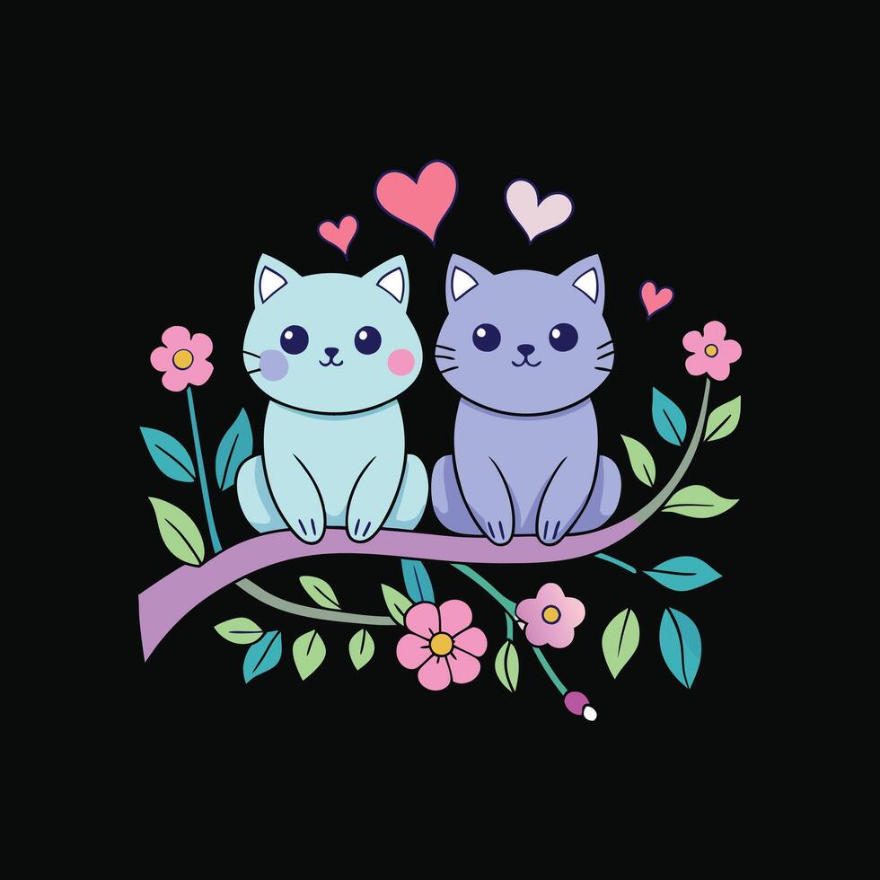 Two cute cats sitting on a branch with hearts vector