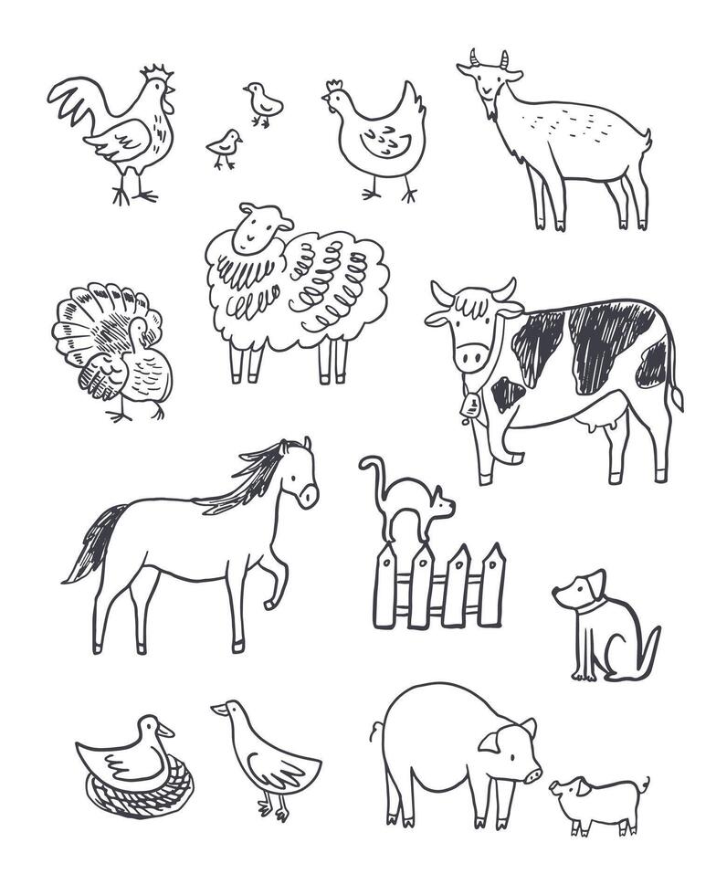 Farm animals doodle set illustration vector