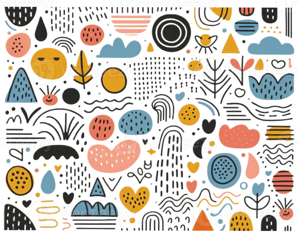 Seamless pattern. trendy doodle in organic freehand Various Shapes and objects. Contemporary modern icons templates for posters png
