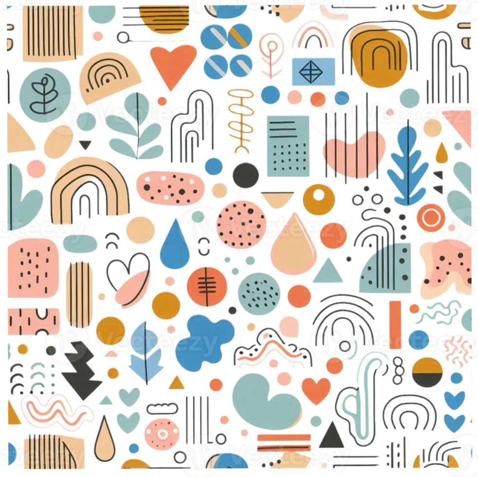Seamless pattern. trendy doodle in organic freehand Various Shapes and objects. Contemporary modern icons templates for posters, Social media. png