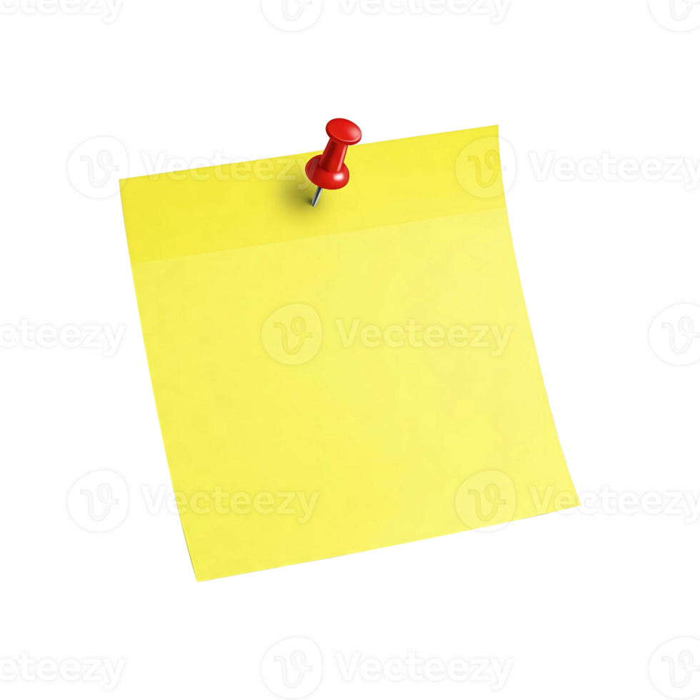 Yellow sticky note with push pin on a bulletin board png