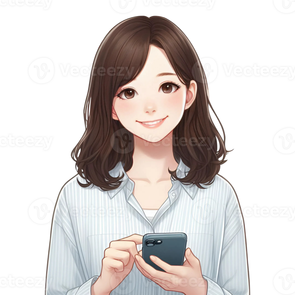 A smiling woman holding a mobile phone and texting png