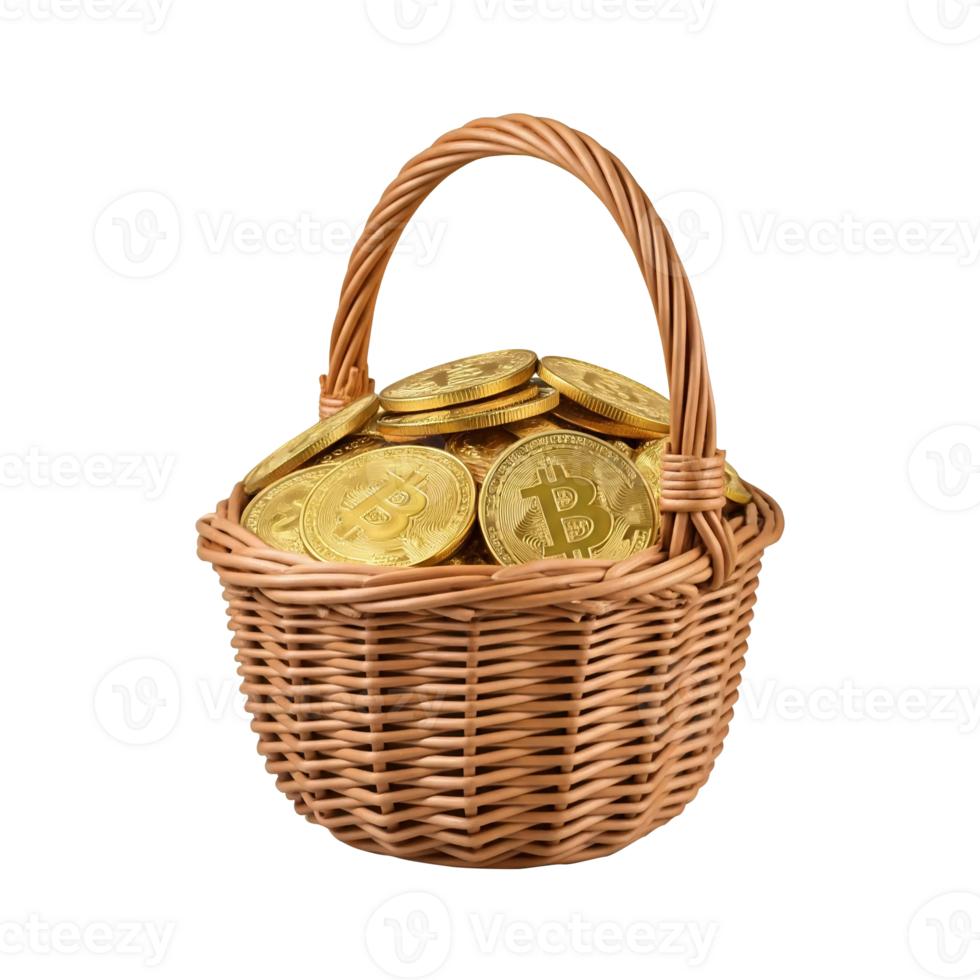 A basket and a box filled with coins surrounded by assorted cookies and chocolate treats png