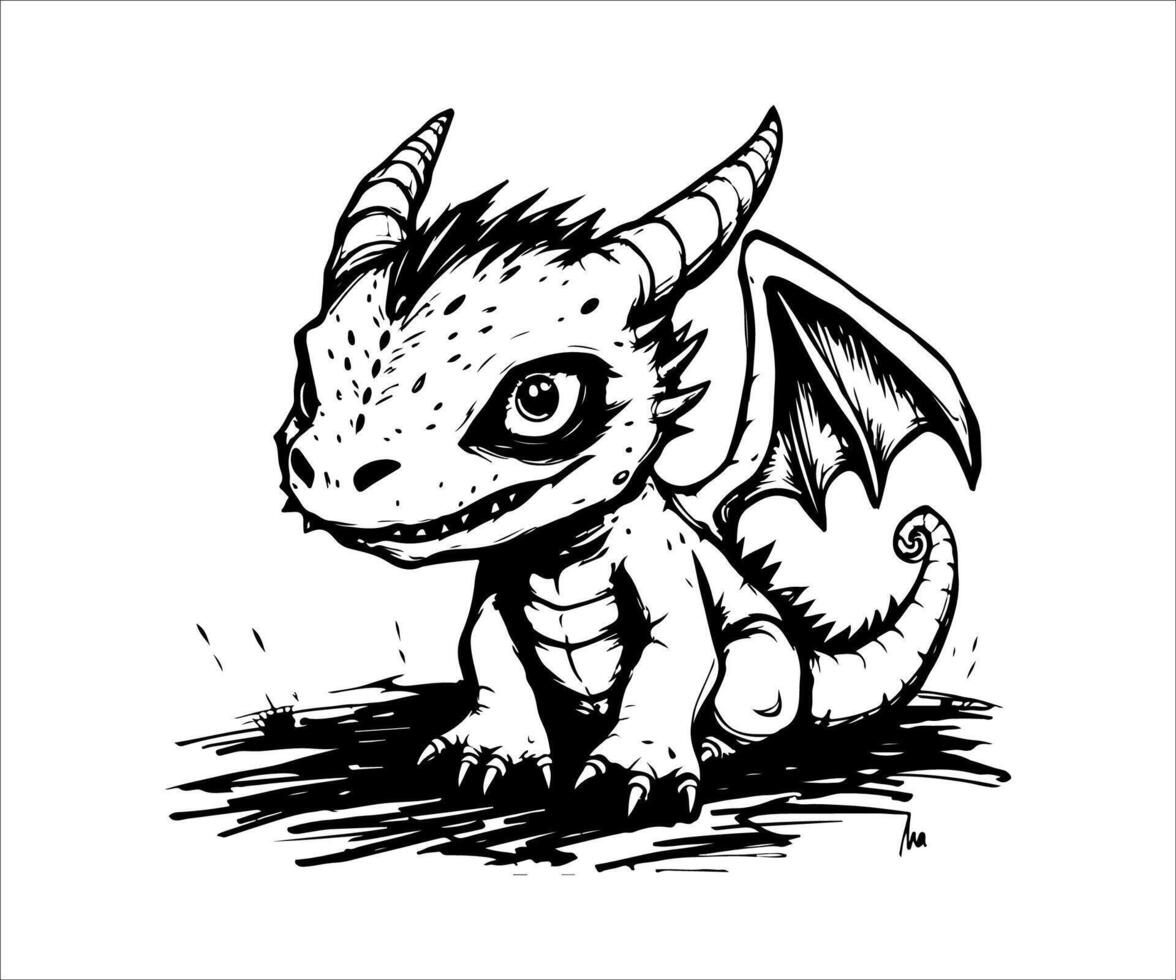 a black and white drawing of a baby dragon vector