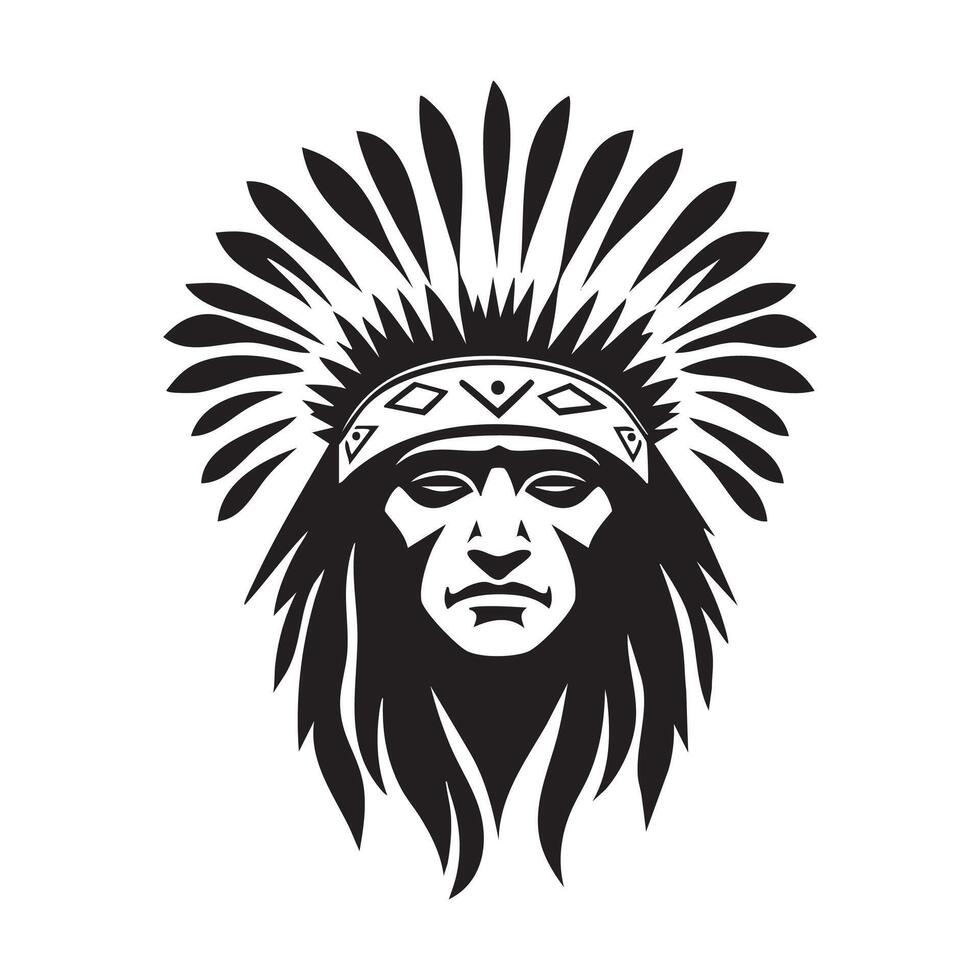 The head of an indian chief is shown in black and white vector