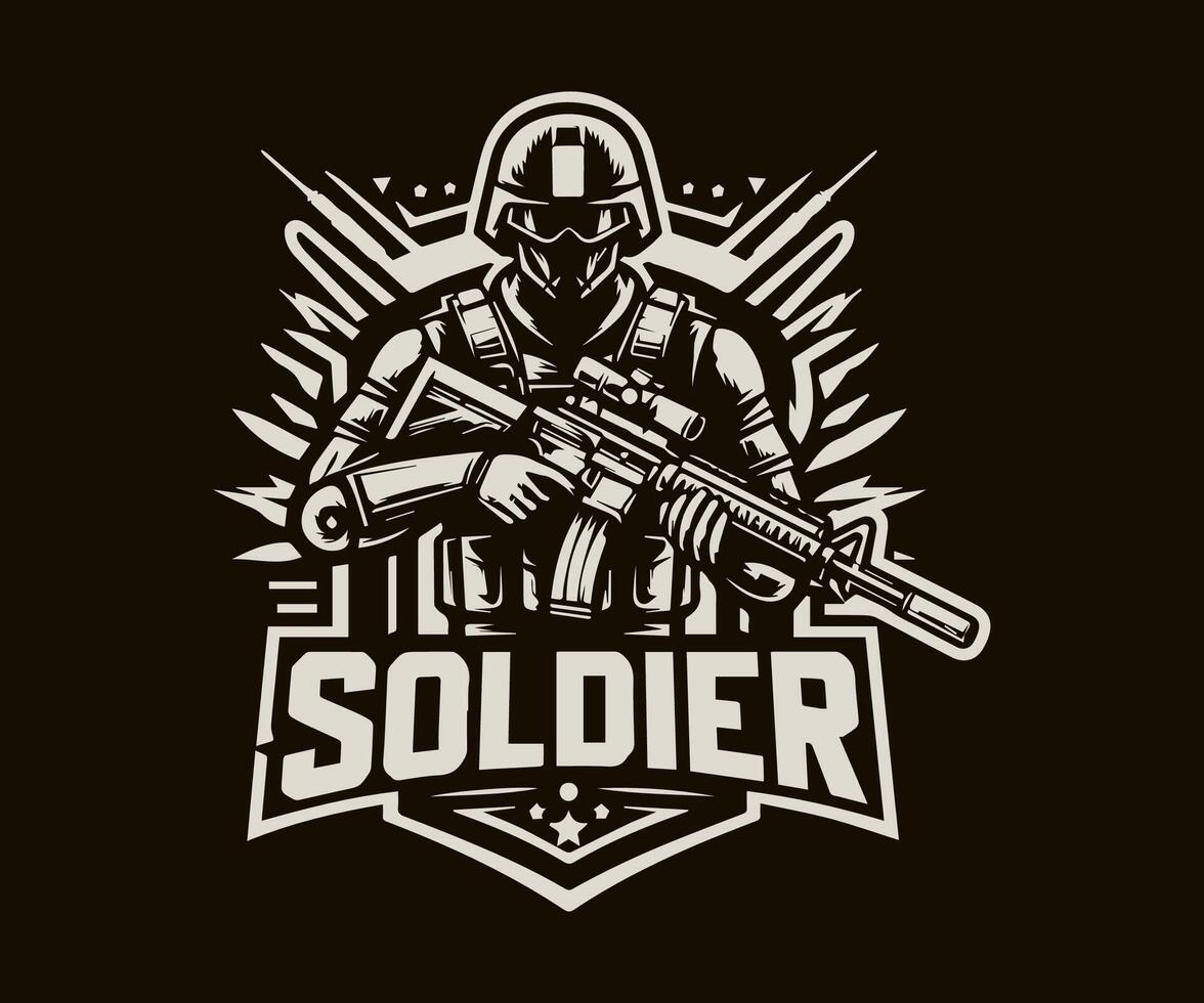 soldier with rifle and shield emblem vector