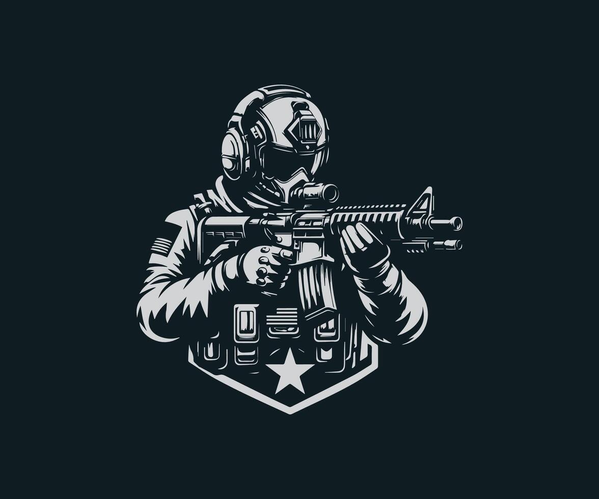 a soldier with a gun in his hand on a dark background vector