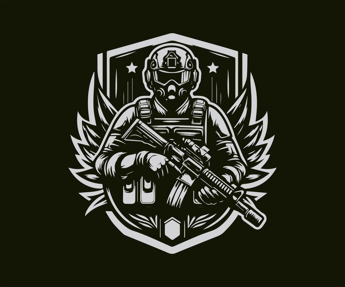 a soldier with a gun in his hand on a black background vector