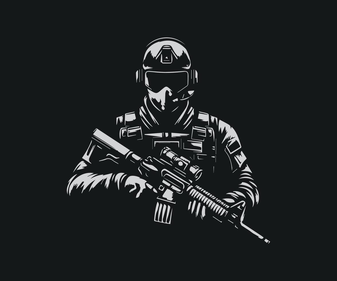 a soldier with a gun on a black background vector