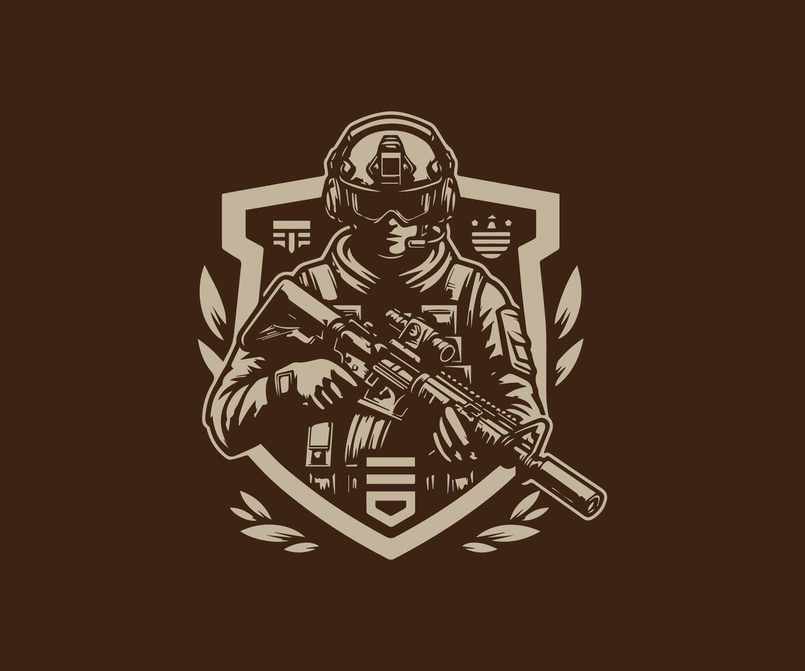 a soldier with a rifle on a shield vector