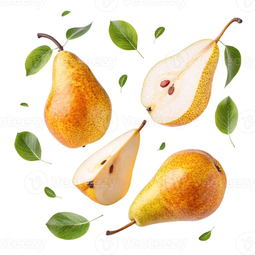 floating pears with leaves isolated on a transparent background png