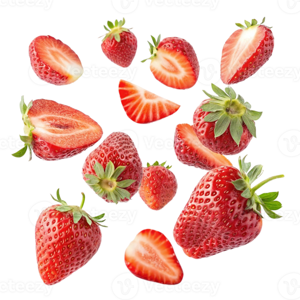 flying strawberry slice isolated on a transparent background png
