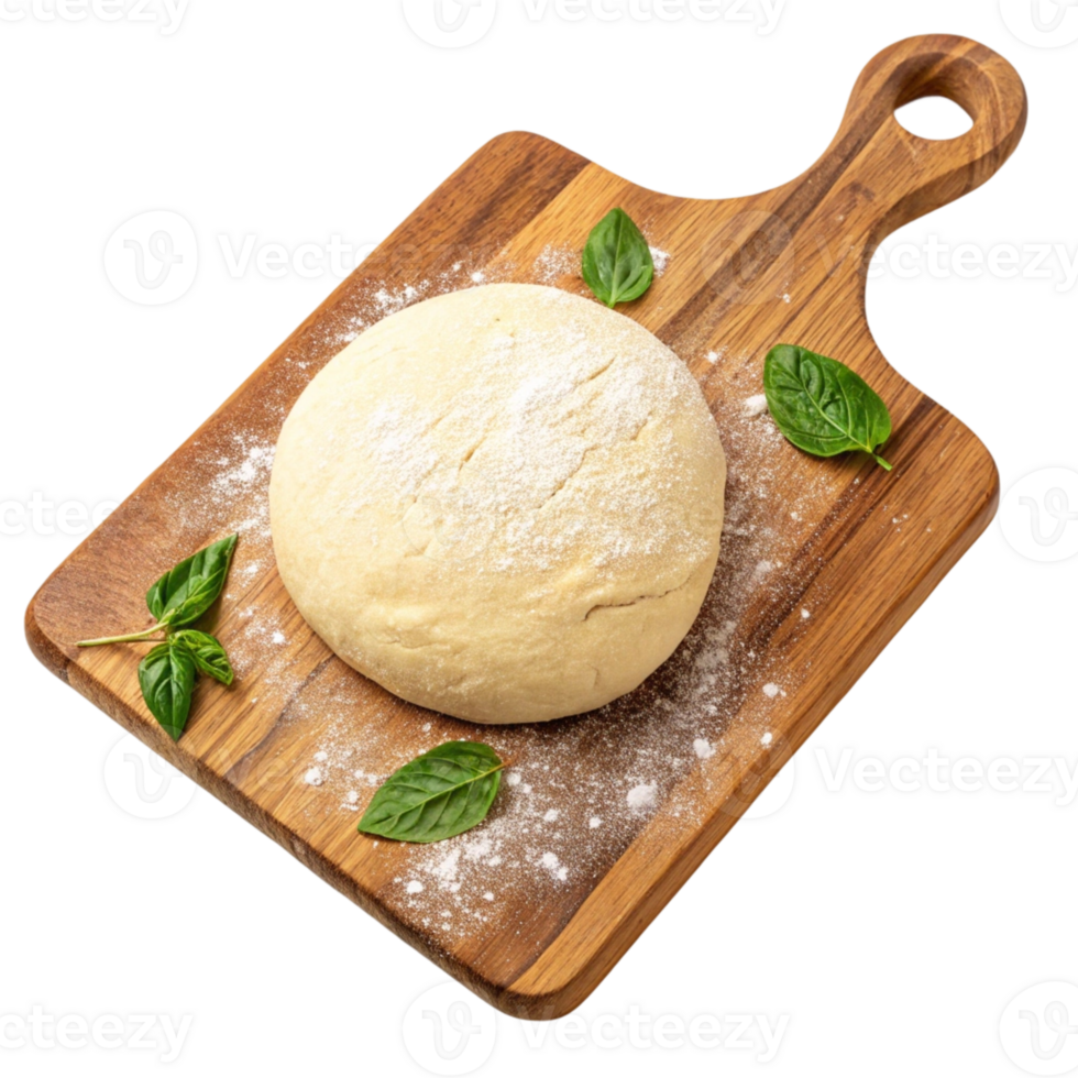 a dough ball on a wooden cutting board with salt and basil leaves isolated on a transparent background png