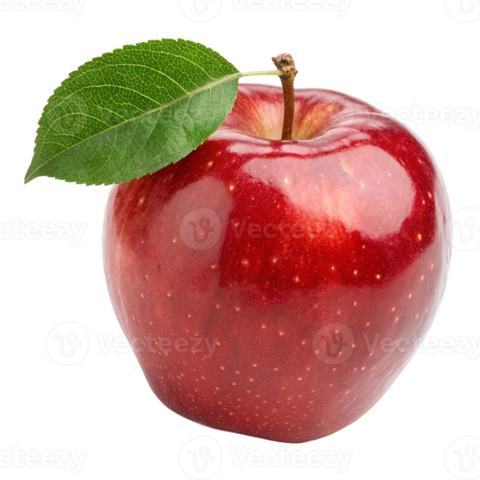 A 3d red apple with leaf on a transparent background png