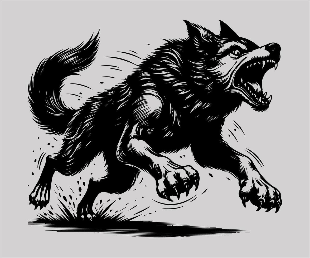 drawing illustration black and white illustration of a wolf running vector