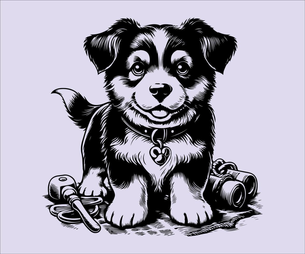 a black and white drawing of a puppy with tools vector