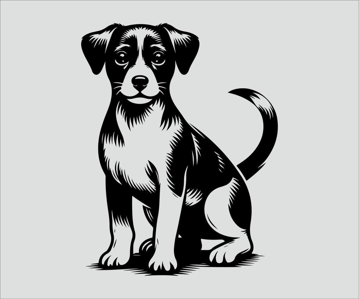 a black and white dog sitting on a white background vector