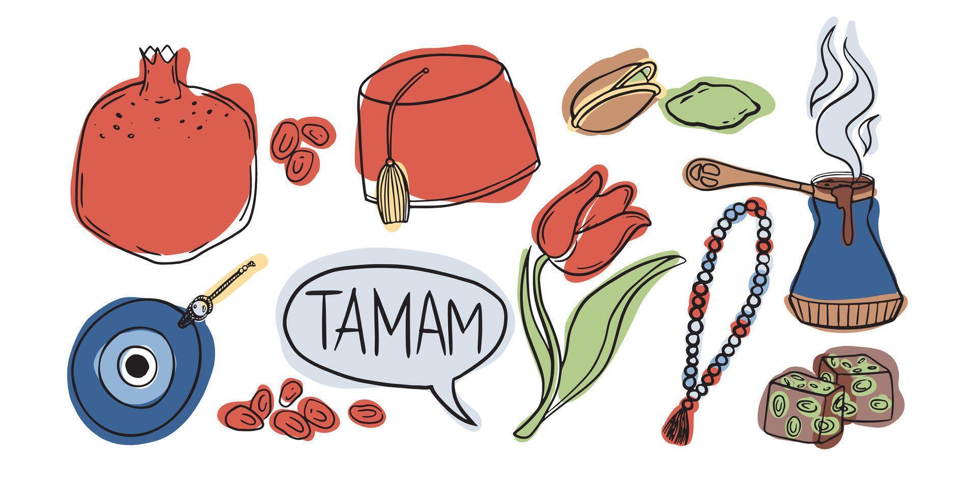 Includes pomegranate, tulip, fez, evil eye, Turkish delight, and coffee pot. A vibrant collection of Turkish cultural symbols and traditions vector