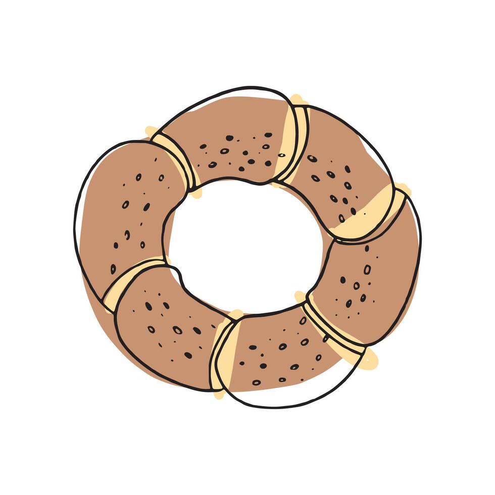 Traditional Turkish sesame-covered simit bagel design, emphasizing street food culture. Perfect for bakery, travel, or breakfast illustrations vector