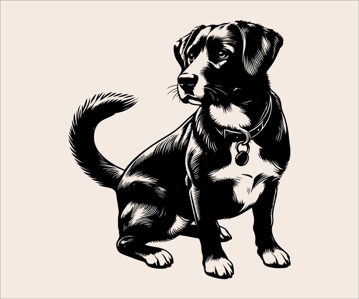 black and white drawing of a dog, pet illustration vector