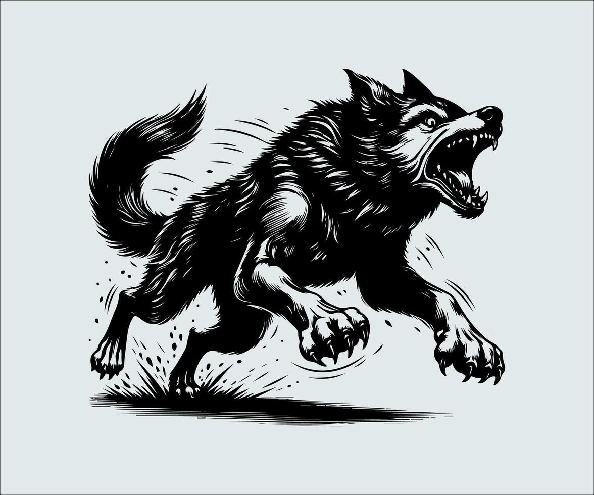illustration drawing a black and white illustration of a wolf running vector