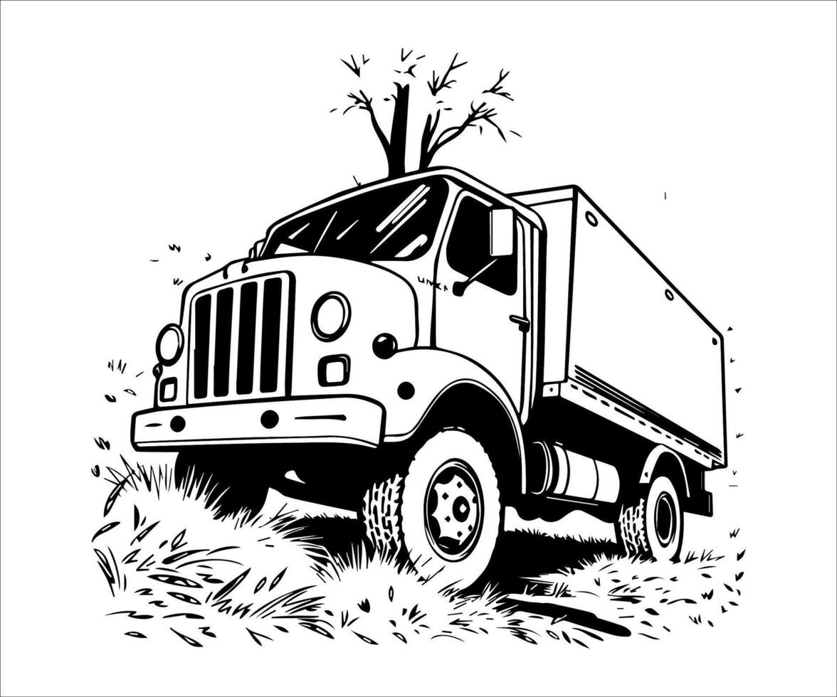 the outline illustration a black and white drawing of a truck vector