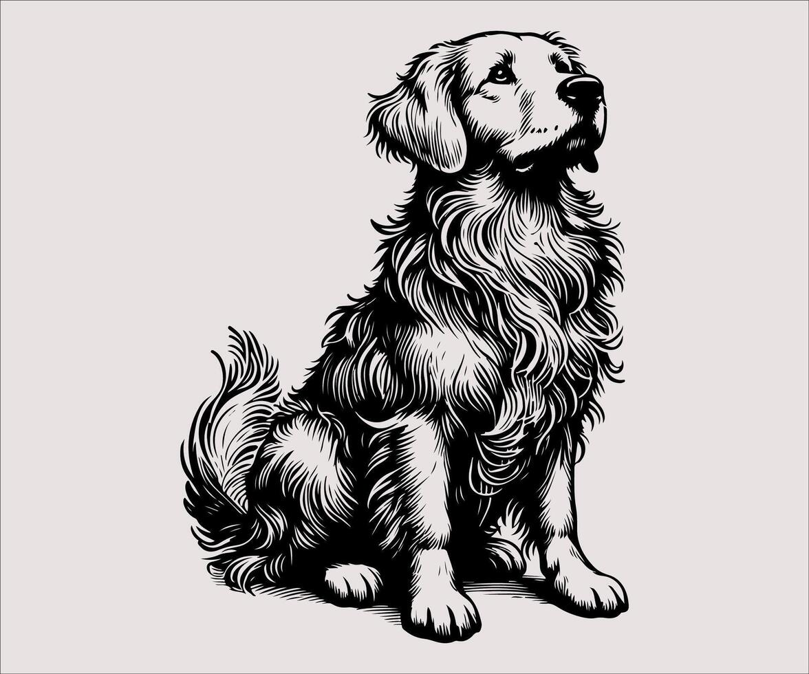 a drawing of a dog sitting down, pet illustration black and white outline vector
