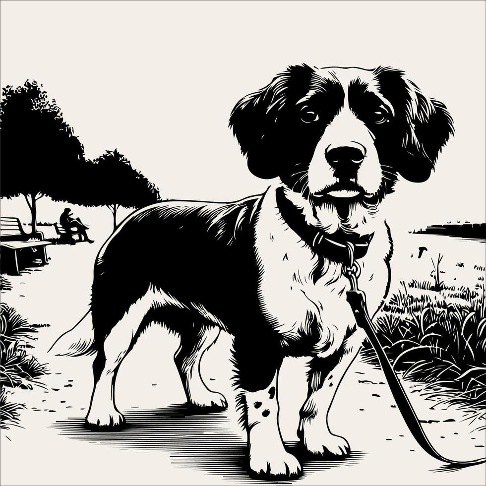 a black and white drawing of a dog with a leash vector
