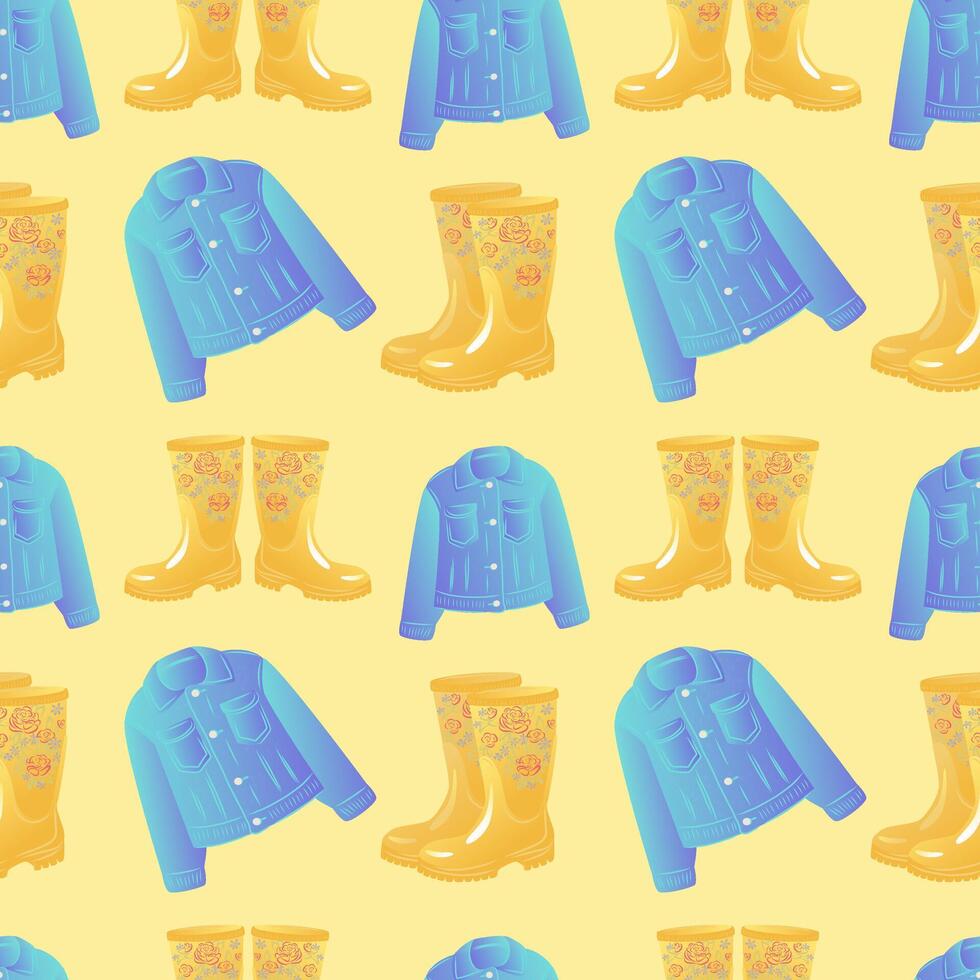 Seamless gardening template yellow rubber boots and blue jacket. Seamless gardening tools template on yellow background. vector