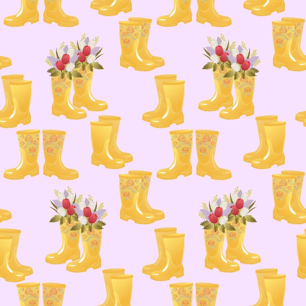Spring seamless template with flowers in yellow rubber boots. Tulips, geocynths or lilacs on White background. Seamless template perfect for apparel, nursery, textile, wrapping paper, etc. vector