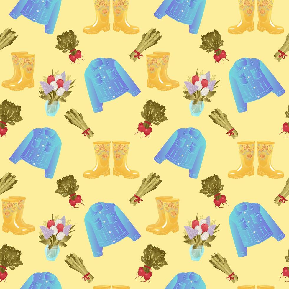 Seamless gardening template with bouquet and flowers, rubber boots and jacket, tulips and crocus. asparagus and radish. Seamless gardening tools template on yellow background. vector