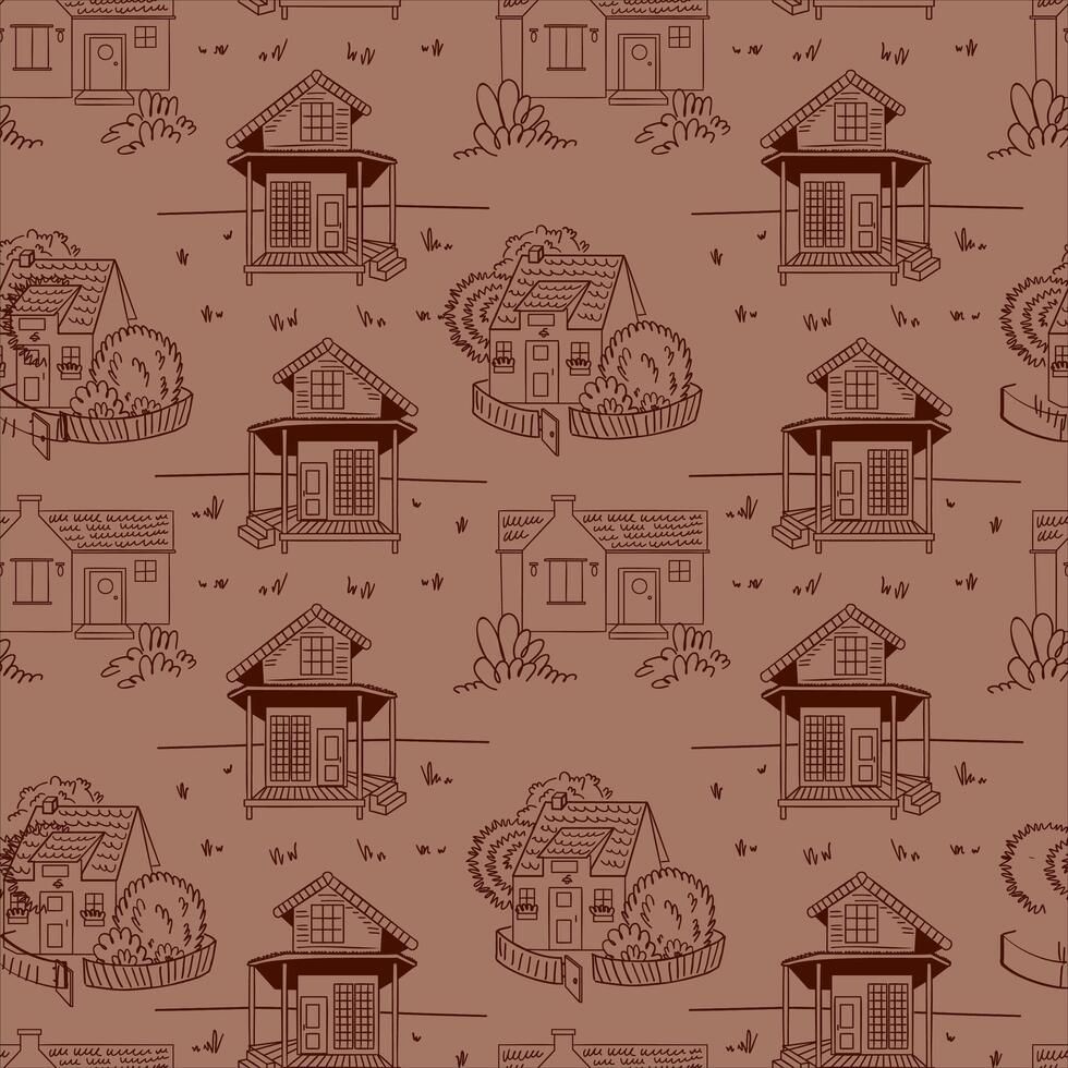 Seamless pattern in mocha mousse tones featuring sketch-style garden houses. Organic-style house doodle template for village-themed designs and textures vector