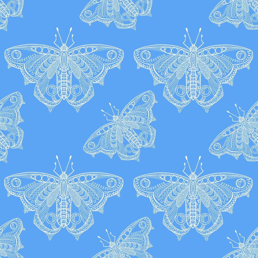 Seamless white and blue butterfly pattern with intricate ornamental details on the wings. Hand drawn design for decorative and creative projects vector