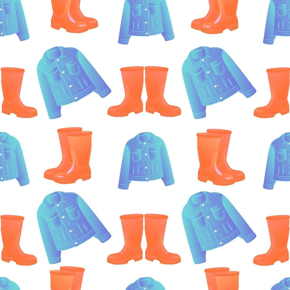 Seamless gardening template orange rubber boots and blue jacket. Seamless gardening tools template on white background. vector