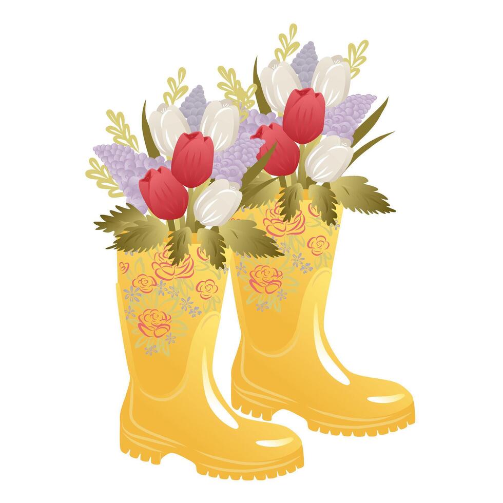 Illustration with flowers with yellow rubber boots. Tulips, geocynths or lilacs on White background. vector