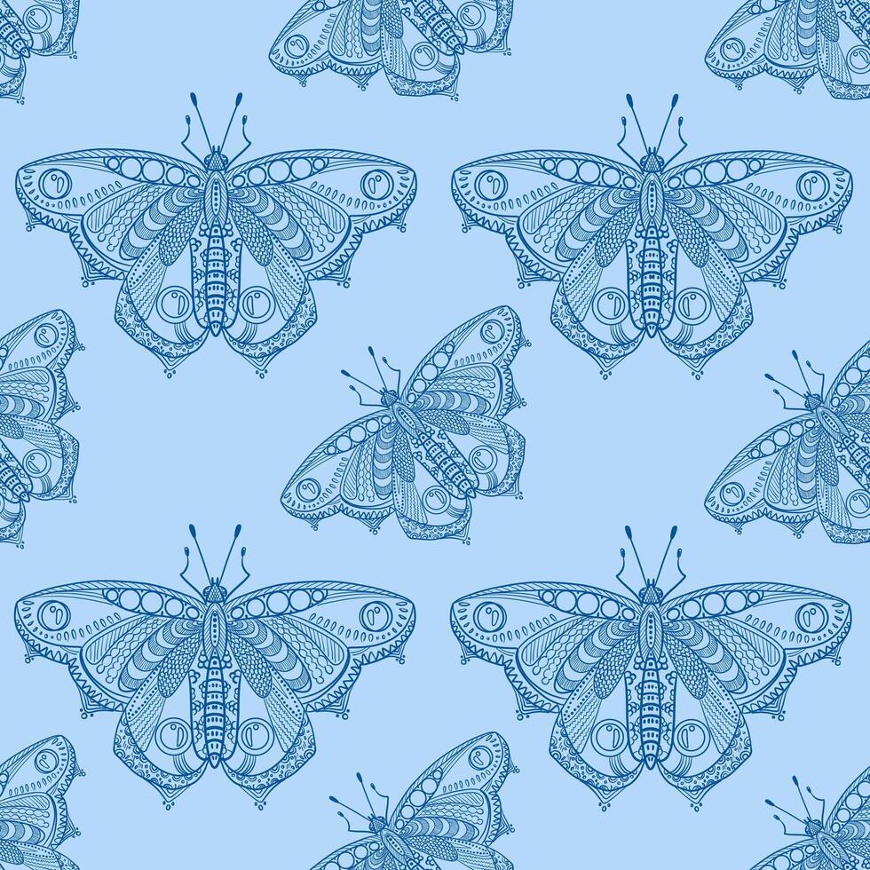 Seamless blue-blue butterfly pattern with intricate ornamental details on the wings. Hand drawn design for decorative and creative projects vector
