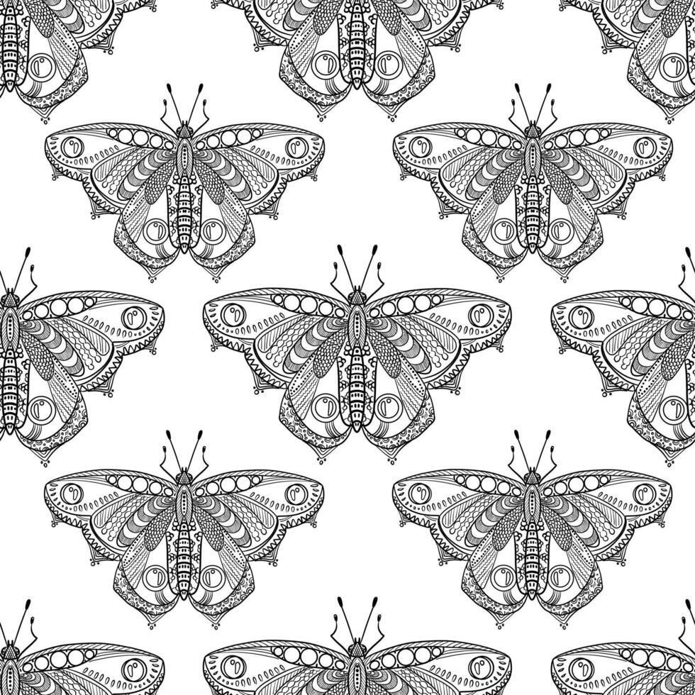 Seamless black and white pattern of butterflies with intricate ornamental details on their wings. Hand-drawn design for decorative and creative projects. vector