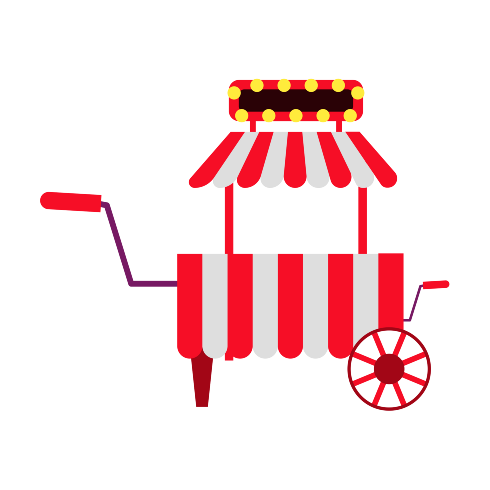 a red and white carnival cart with a sign on it png