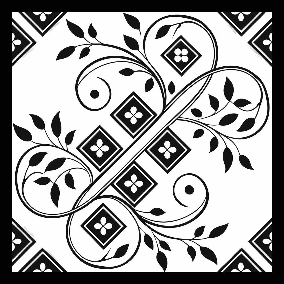 a black and white square tile with a floral design vector