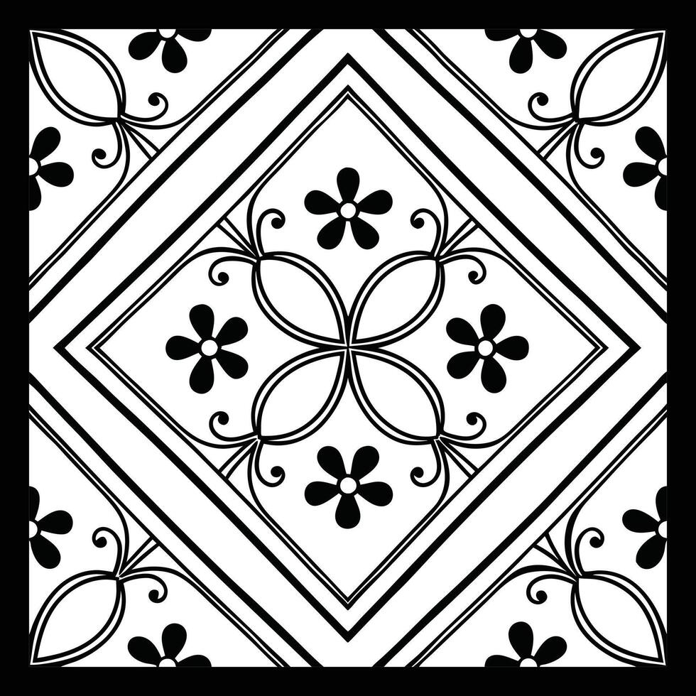 a black and white square tile design with a floral pattern vector