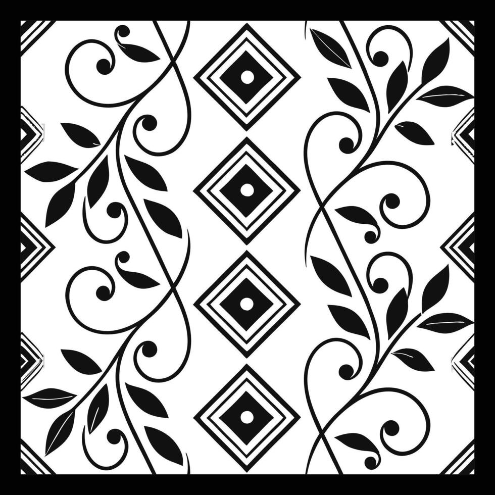 a black and white pattern with a diamond and leaves vector