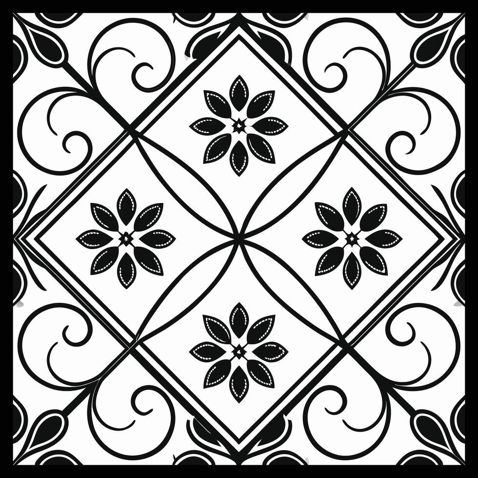 a black and white square tile with a floral design. Luxury Black and White Ornamental Pattern vector