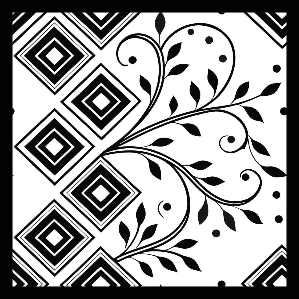 a black and white square pattern with a leaf design vector