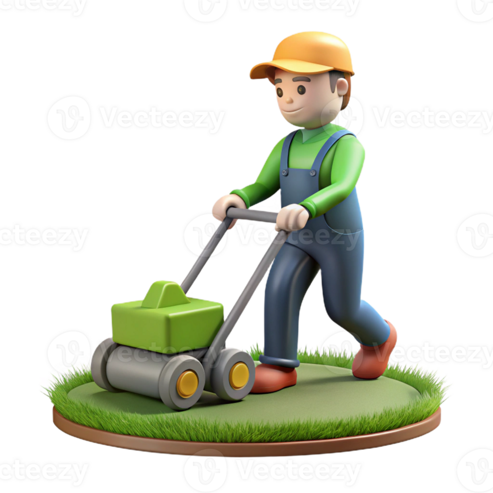Gardener Mowing Lawn with Lawn Mower for Garden Care png