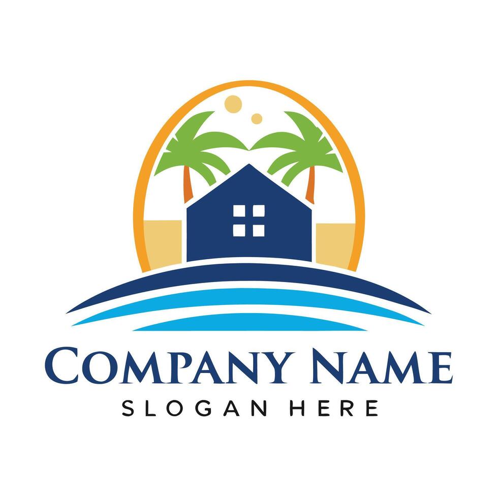 a house and palm trees logo design on a white background vector