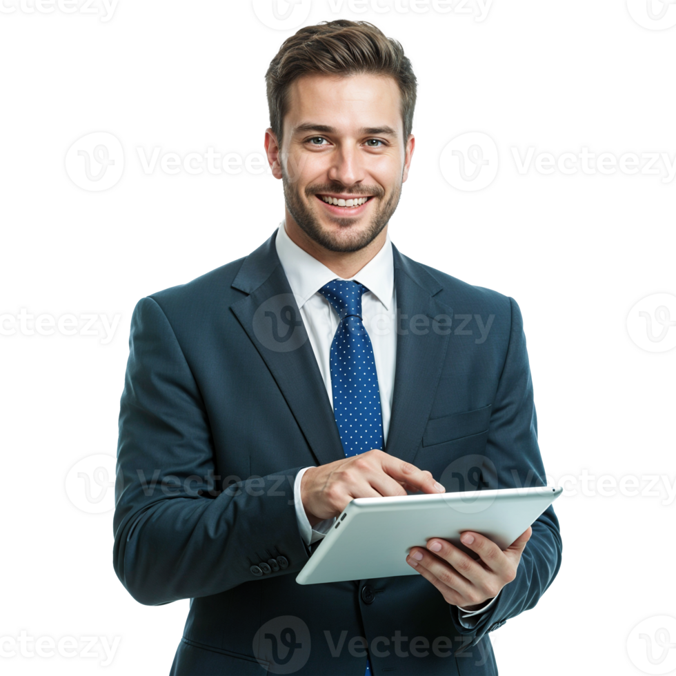 A confident Businessman Using a Tablet with a black suit and blue tie png