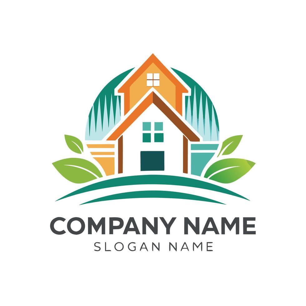 a house logo with leaves and trees on a white background vector